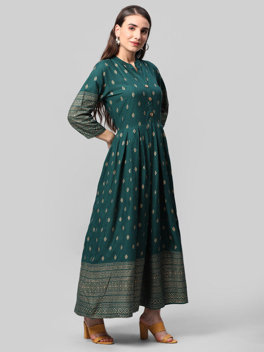 Aaysa Kurti Ethnic Motifs Printed Mandarin Collar Pleated Detailed Maxi Ethnic Dress