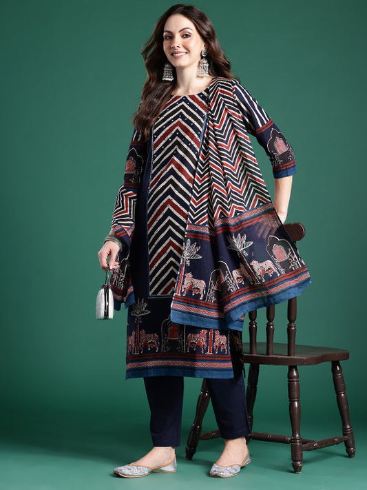 Indo Era Printed Panelled Sequinned Pure Cotton Kurta With Trousers & Dupatta