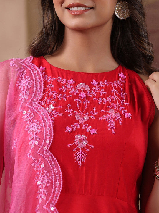 GILLORI Ethnic Motifs Embroidered Empire Art Silk Kurta With Trouser & Dupatta