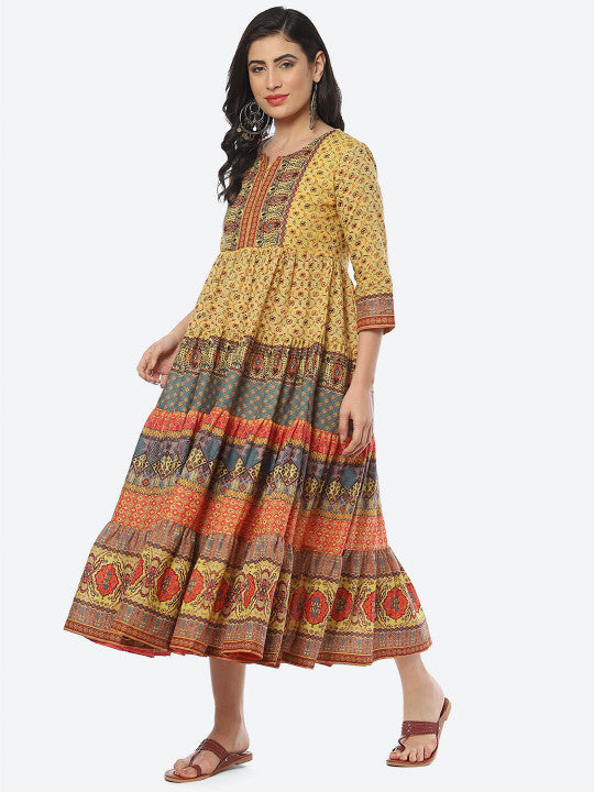 Biba Yellow Ethnic Motifs Printed Midi Cotton Ethnic Dress