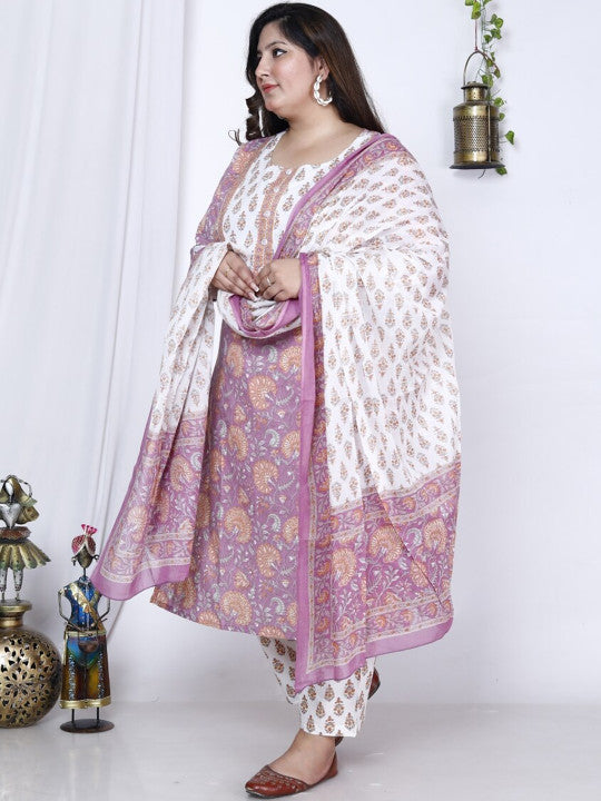 Swasti Plus Size Floral Printed Regular Pure Cotton Kurta With Trousers & Dupatta