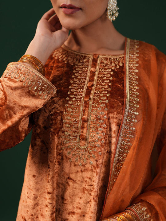 anayna Women Embroidered Regular Velvet Kurta with Dhoti Pants & With Dupatta