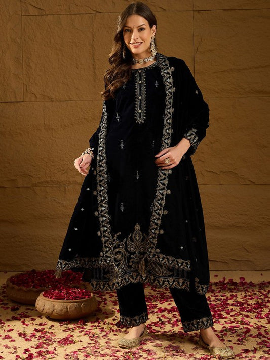 House of Pataudi Floral Embroidered Velvet Straight Kurta