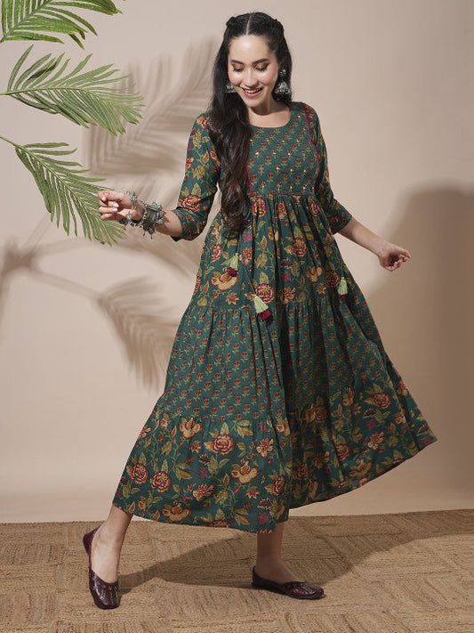 Globus Floral Printed Abla Work Waist Tie-Up Detailing A-Line Tiered Midi Workwear Dress