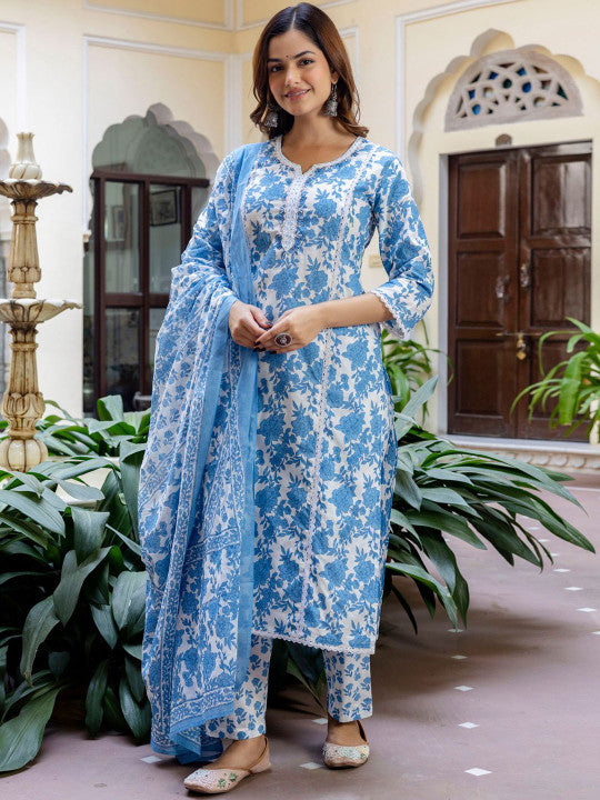 Indo Era Women Floral Printed Panelled Beads and Stones Pure Cotton Kurta with Trousers & With Dupatta