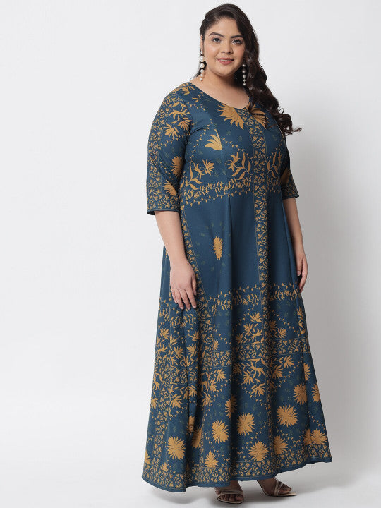 Amydus Plus Size Teal Blue & Mustard Yellow Ethnic Motifs Ethnic A-Line Dress