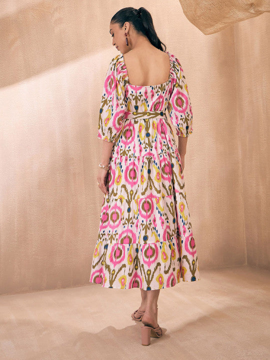 Printed Belted Tiered Cotton A-Line Midi Ethnic Dress