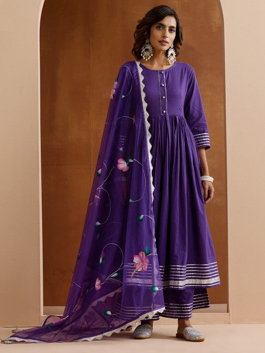 Ishin Gotta Patti Pure Cotton Round Neck Anarkali Kurta With Palazzos And Dupatta