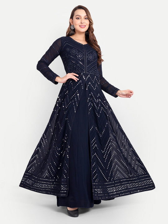 Trendmalls Women Alina Cut Embroidered Sequinned Silk Georgette Kurta with Trousers