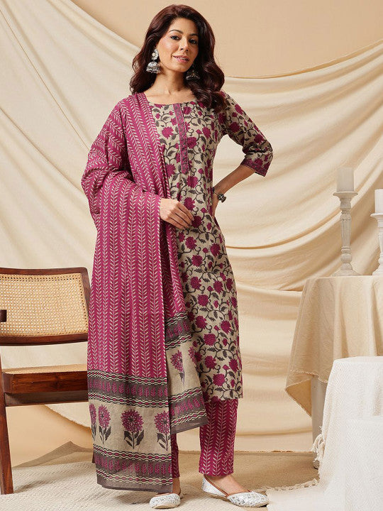 Ginni Arora Label Floral Printed Pure Cotton Straight Kurta & Trouser With Dupatta