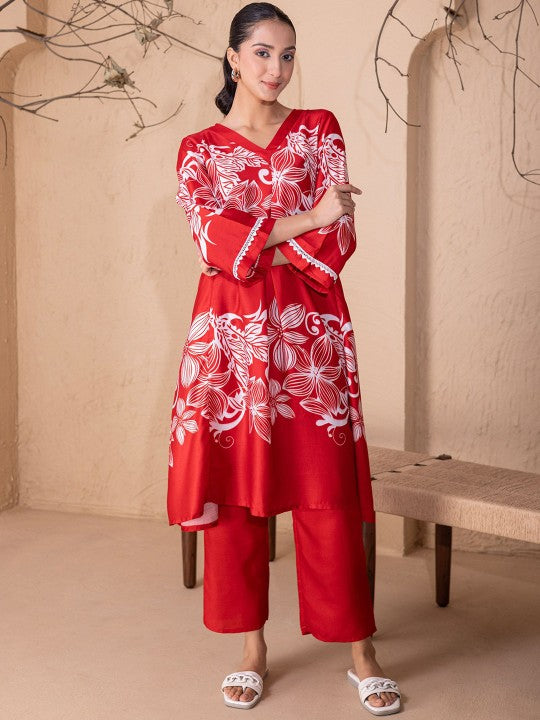 Floral Printed V-Neck Flared Sleeves Tunic With Trouser