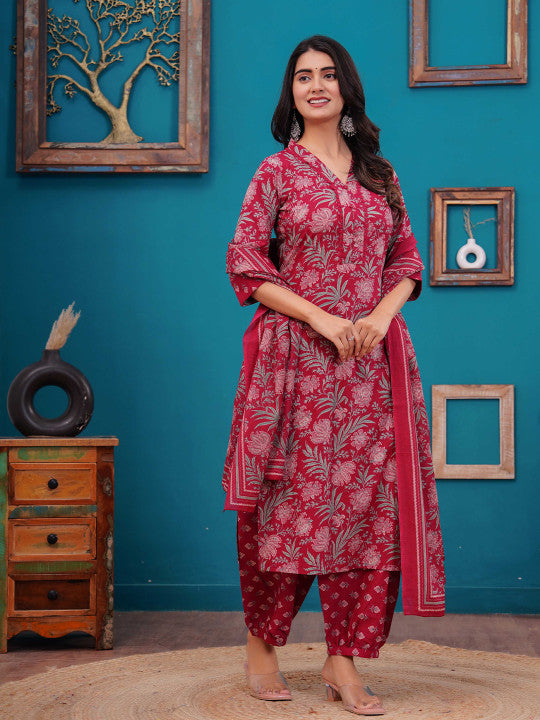 Floral Printed V-Neck Pure Cotton Straight Kurta With Salwar And Dupatta