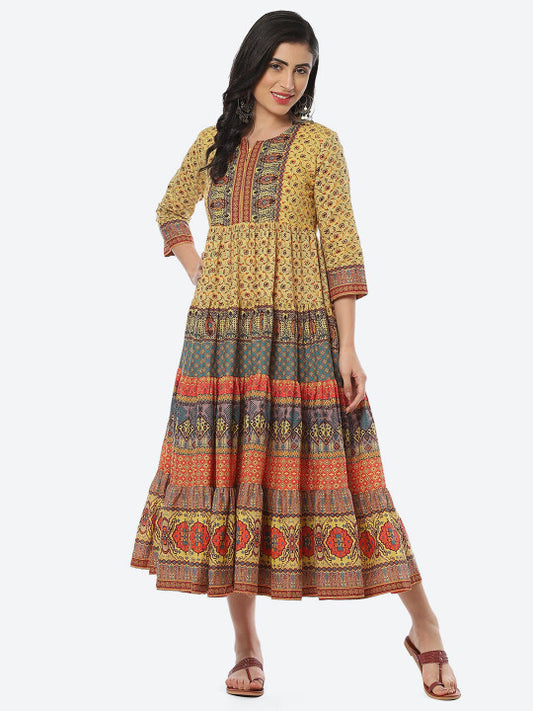 Biba Yellow Ethnic Motifs Printed Midi Cotton Ethnic Dress