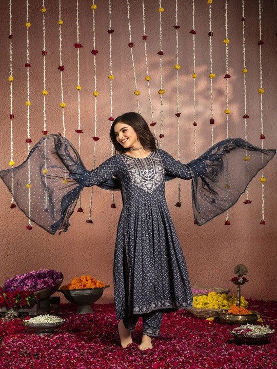 Ishin Embroidered Pleated Kurta & Trousers With Dupatta