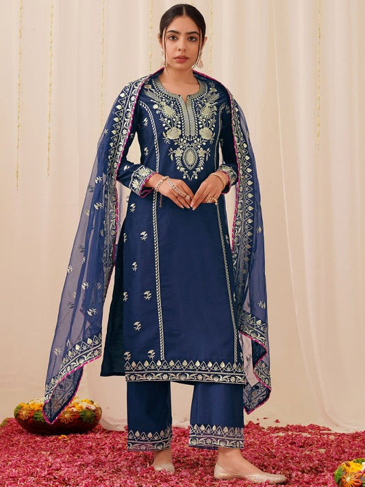 House of Pataudi Floral Embroidered Notch Neck Straight Kurta
