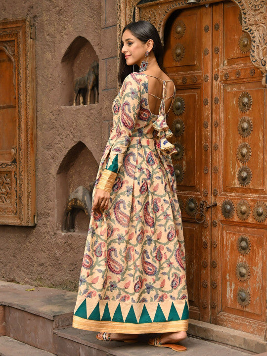 Vinya Ethnic Motifs Printed V-Neck Long Sleeves Fit & Flare Maxi Dress