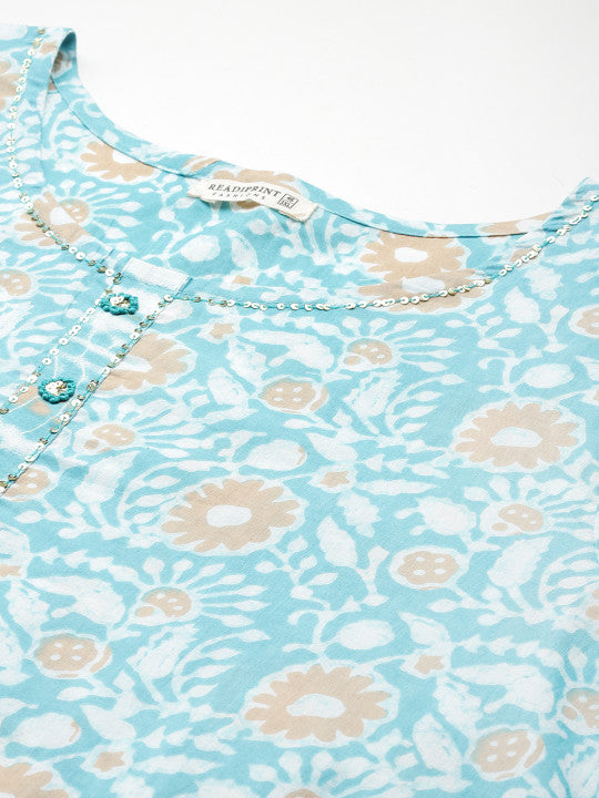 Floral Printed Sequinned Pure Cotton Kurta Set