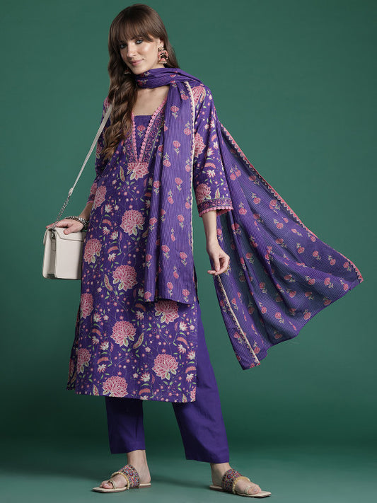 Indo Era Floral Printed Beads & Stones Pure Cotton Kurta with Trousers & With Dupatta