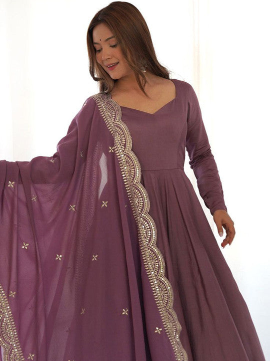Neck Pleated Anarkali Kurta With Trousers & Dupatta