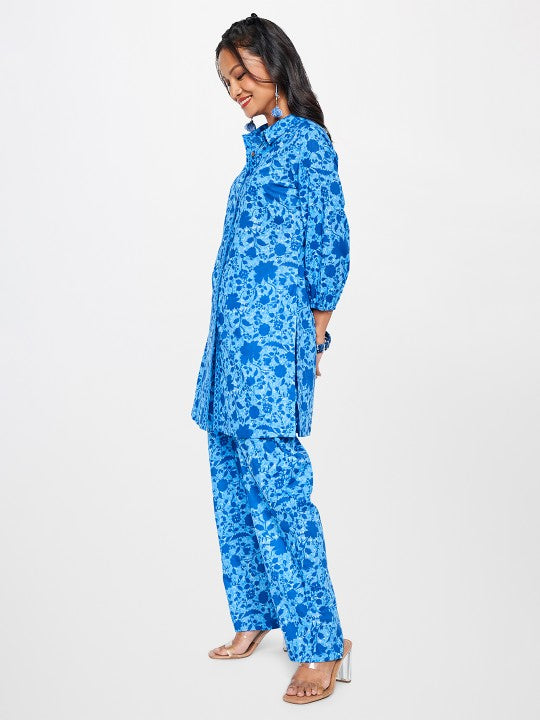Global Desi Floral Printed Pure Cotton Longline Shirt & Trouser Co-ords Set