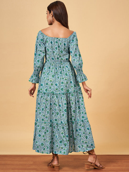 YU by Pantaloons Floral Printed Puff Sleeve Pure Cotton Fit & Flare Maxi Ethnic Dresses