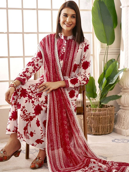 Anouk Women Floral Printed Pleated Kurta with Trousers & With Dupatta