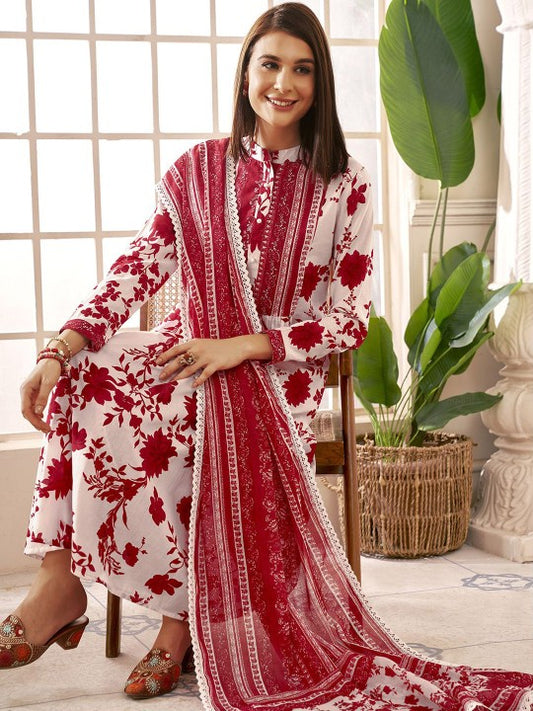 Anouk Women Floral Printed Pleated Kurta with Trousers & With Dupatta