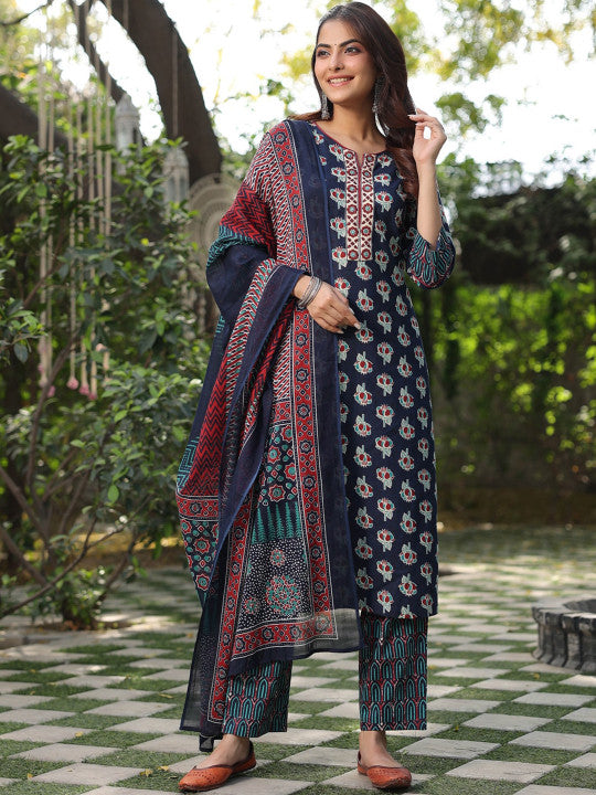 Floral Printed Pure Cotton Straight Kurta With Trouser & Dupatta