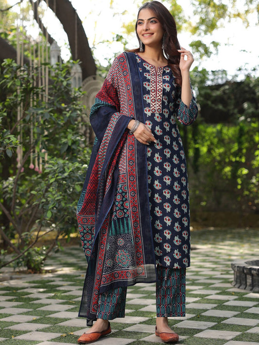 Floral Printed Pure Cotton Straight Kurta With Trouser & Dupatta