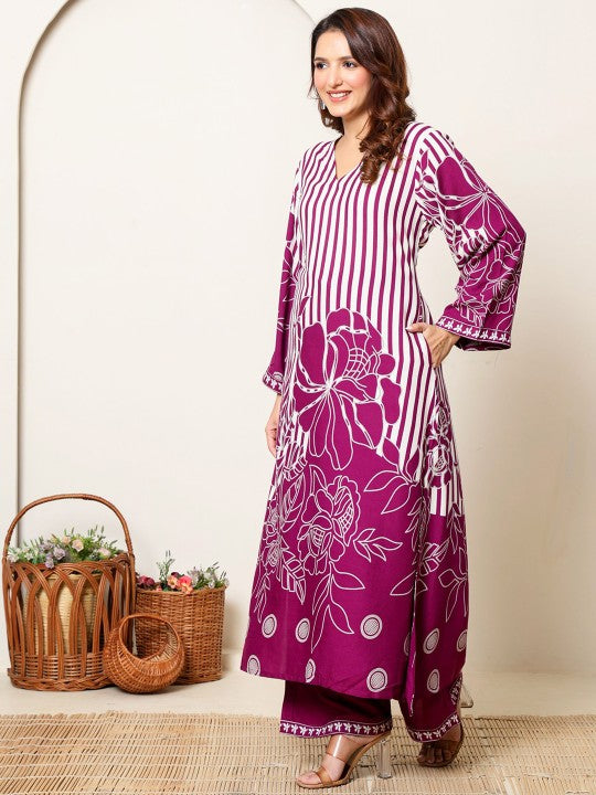 Banwaree Floral Printed V-Neck Tunic With Palazzo Co-Ords