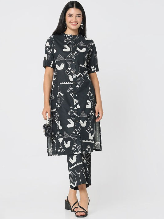 Printed Pure Cotton Mandarin Collar Top & TrousersCo-OrdsSet