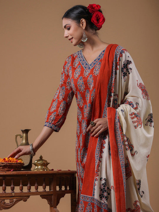 Indo Era Women Rust Ethnic Motifs Printed Regular Pure Cotton Kurta with Trousers & With Dupatta