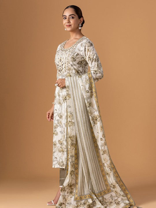 WOMEN PLUS Floral Printed Thread Work Pure Cotton Kurta With Trousers & Dupatta