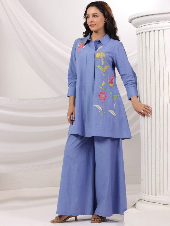 AUTUMN LANE Embroidered Pure Cotton Shirt Collar Top With Trousers Co-Ords Set