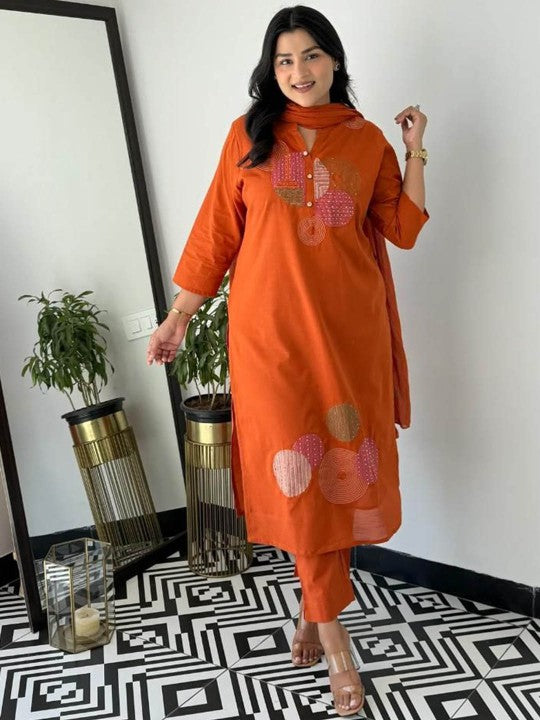 Aaysa Kurti Women Geometric Embroidered Cotton Kurta with Trousers & Dupatta