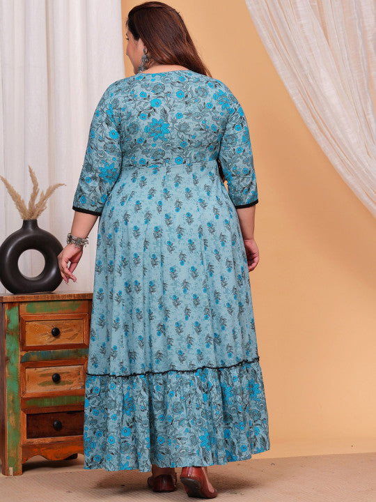 Floral Printed V-Neck Cotton Maxi Fit and Flare Ethnic Dresses
