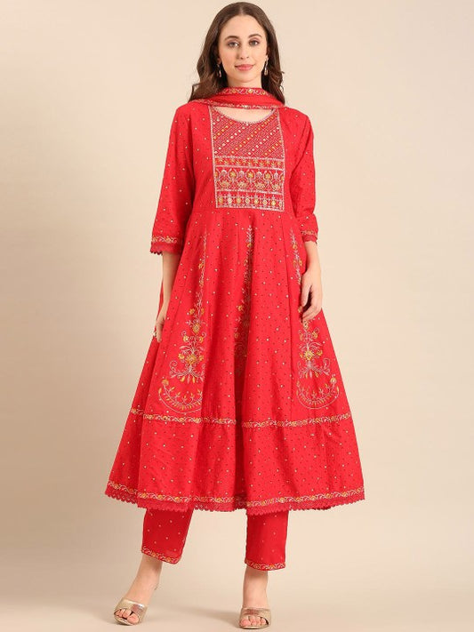 Anouk Women Embroidered Regular Thread Work Pure Cotton Kurta with Trousers & With Dupatta