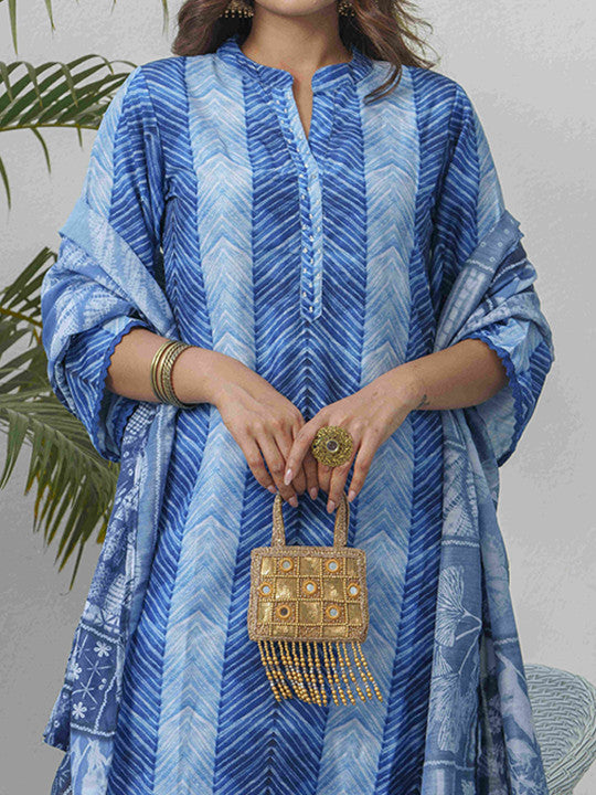 House of Pataudi Geometric Printed Straight Kurta Trousers With Dupatta