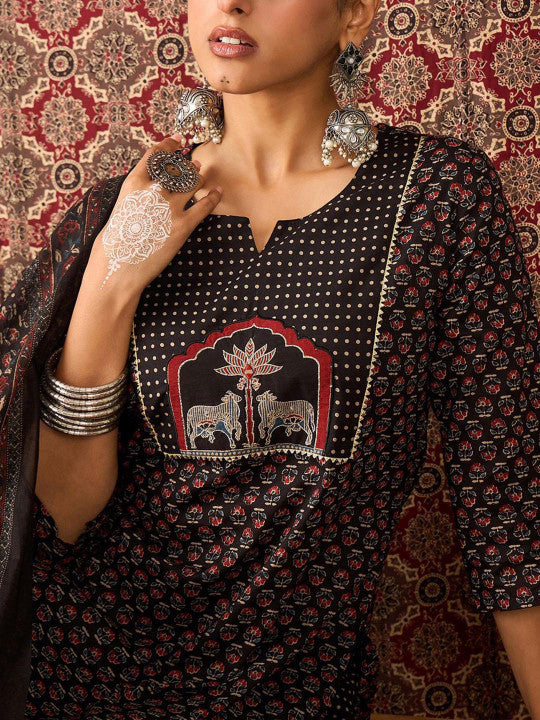 Indo Era Floral Printed Pure Cotton Straight Kurta Trousers With Dupatta