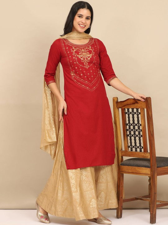 AURELIA Women Floral Printed Regular Pure Cotton Kurta with Skirt & With Dupatta
