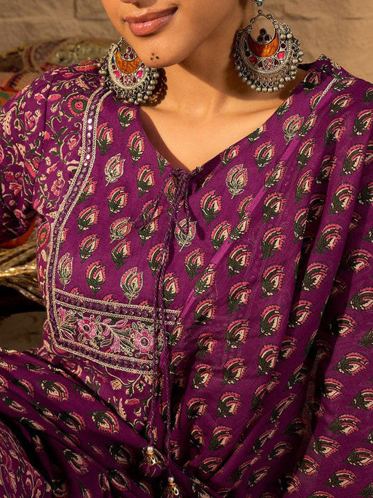 Indo Era Women Floral Printed Regular Pure Cotton Straight Kurta with Trousers & Dupatta