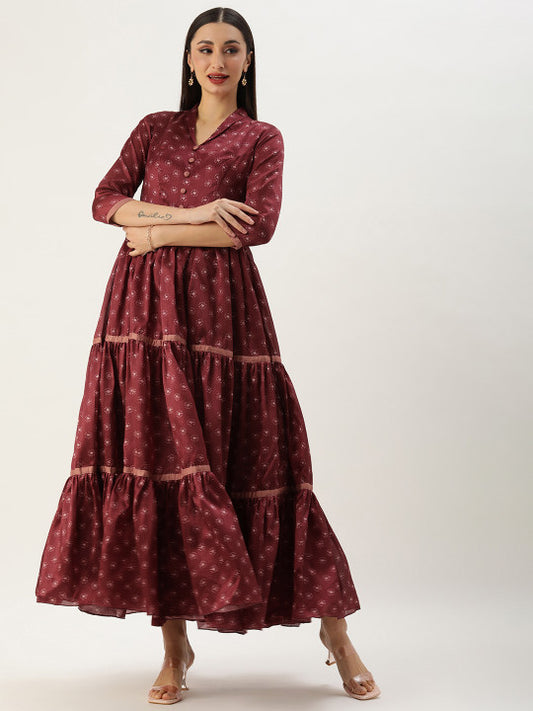 Ethnovog Floral Printed Gathered Gown Maxi Dress