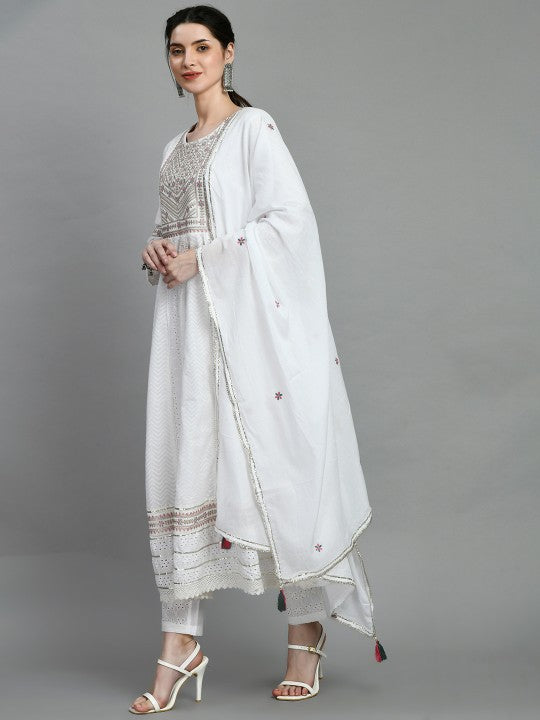 all about you Women Yoke Design Angrakha Thread Work Pure Cotton Kurta with Trousers & With Dupatta