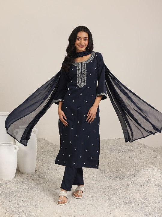 Gerua By Libas Floral Embroidered Round Neck Sequinned Straight Kurta