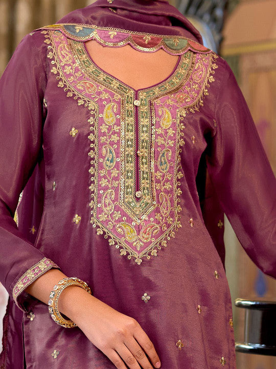Indo Era Floral Embroidered Sequinned Straight Kurta With Palazzos & Dupatta