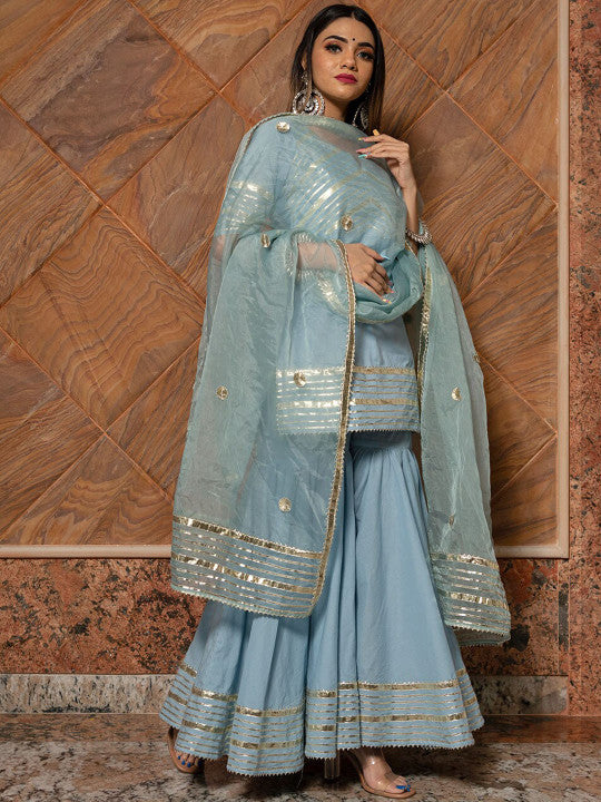 Neck Short Sleeves Gotta Patti Pure Cotton Kurta with Sharara & Dupatta