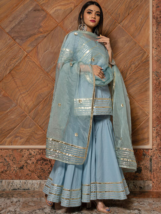 Neck Short Sleeves Gotta Patti Pure Cotton Kurta with Sharara & Dupatta
