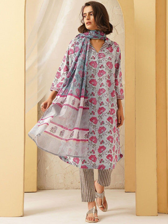 Floral Printed Shirt Collar Sequinned Pure Cotton A-line Kurta