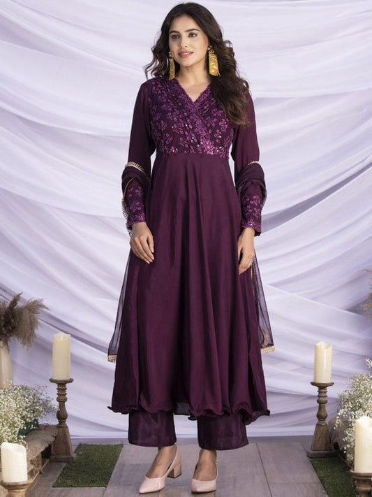 Floral Sequined Embroidered V-Neck Anarkali Kurta With Trouser And Dupatta