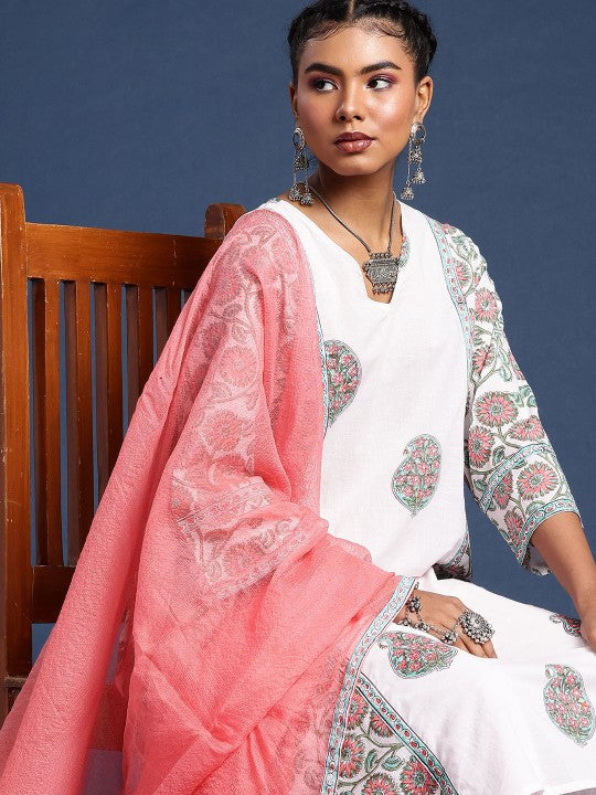 Taavi Paisley Printed Pure Cotton Sanganeri Folk Kurta with Palazzos & Dupatta